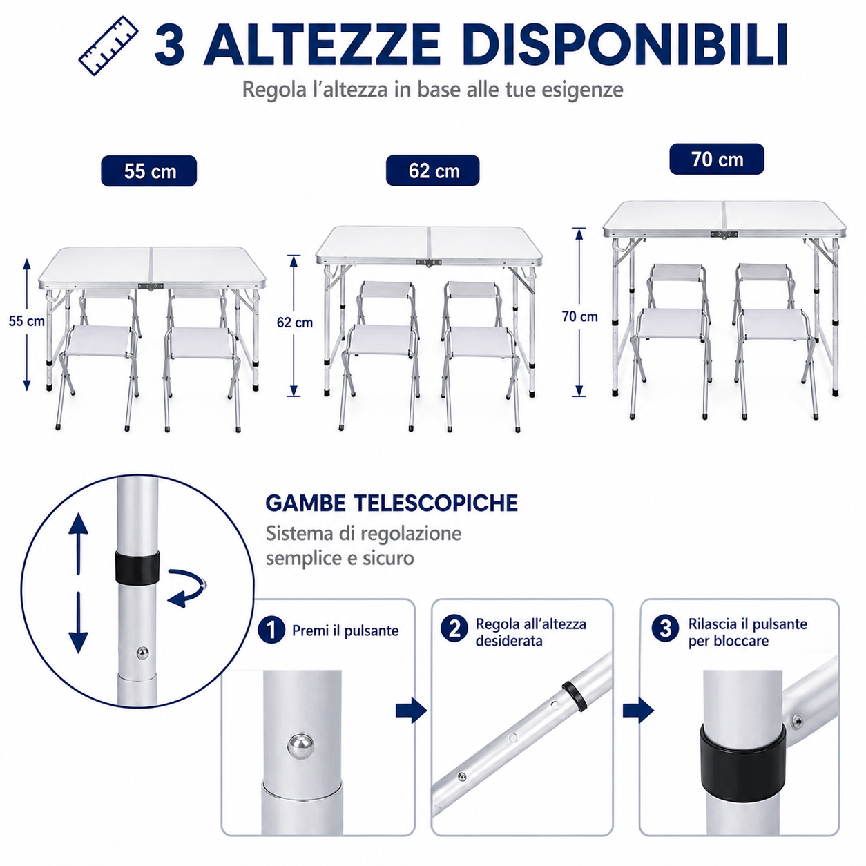Tavolo Pieghevole da Campeggio con 4 Sgabelli Inclusi, Tavolo Picnic Portatile Richiudibile con Altezza Regolabile 55/62/70 cm, Tavolo da Giardino Campeggio Pesca BBQ Escursioni 120x60 cm