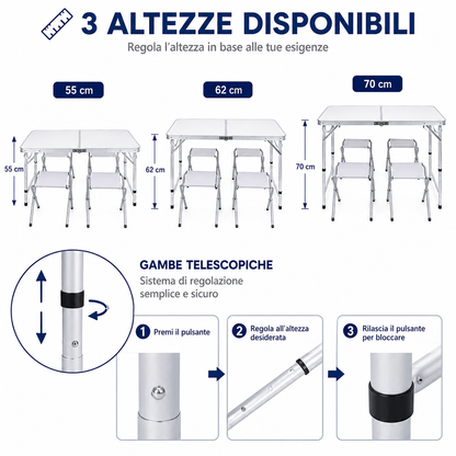 Tavolo Pieghevole da Campeggio con 4 Sgabelli Inclusi, Tavolo Picnic Portatile Richiudibile con Altezza Regolabile 55/62/70 cm, Tavolo da Giardino Campeggio Pesca BBQ Escursioni 120x60 cm