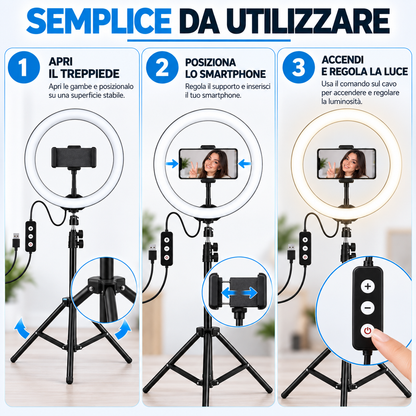 BDIT Accessori Ring Light con Treppiede Regolabile e Supporto Smartphone, Luce ad Anello LED con Comando sul Cavo, Supporto per Telefono per Foto, Video, Makeup, Streaming e Videochiamate