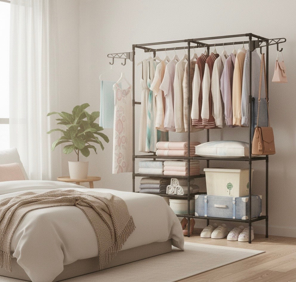 Scaffale Appendiabiti Multifunzionale in Metallo 108x36x170 cm – Armadio Aperto con Doppia Barra, Ripiani Portaoggetti, Ganci Laterali e Porta Scarpe – Organizer Salvaspazio per Camera, Ingresso, Cabina Armadio