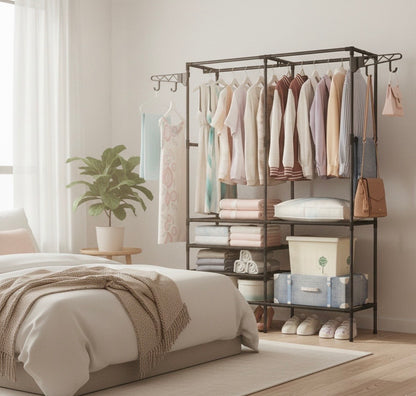 Scaffale Appendiabiti Multifunzionale in Metallo 108x36x170 cm – Armadio Aperto con Doppia Barra, Ripiani Portaoggetti, Ganci Laterali e Porta Scarpe – Organizer Salvaspazio per Camera, Ingresso, Cabina Armadio