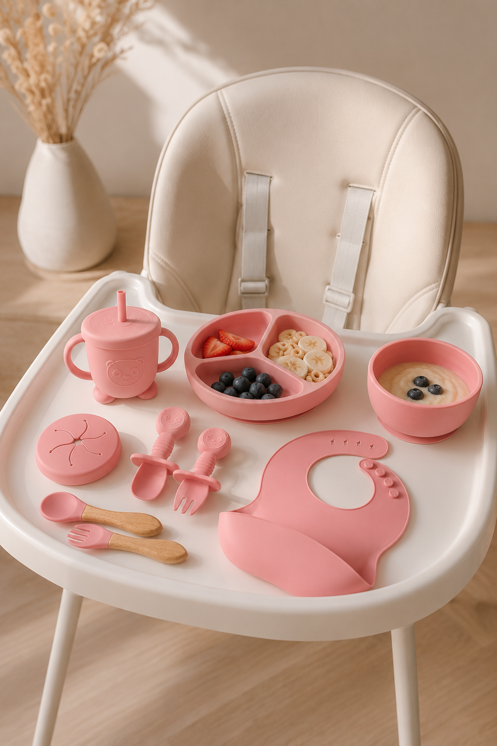 Set Pappa Svezzamento Neonati in Silicone Rosa, Kit Pappa Bambini con Piatto Ventosa, Ciotola, Bavaglino, Bicchiere, Tazza con Cannuccia e Posate, Set Alimentazione Baby Food Grade BPA Free