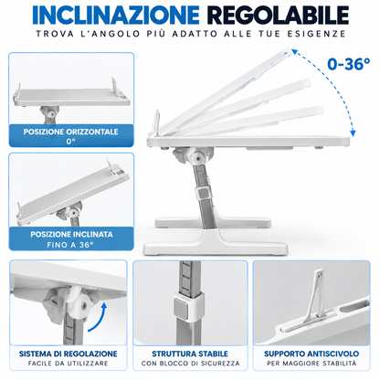 BDIT Accessori Tavolino Pieghevole per Laptop, Tavolino da Letto Regolabile con Piano Inclinabile 0-36°, Supporto Smartphone e Ferma Oggetti, per Studio, Lavoro, Divano e Letto, 56x31x17 cm, Bianco
