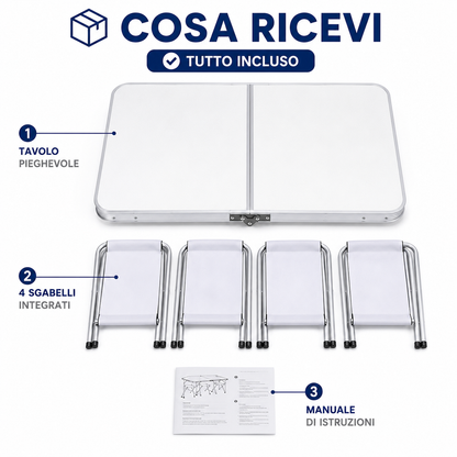 Tavolo Pieghevole da Campeggio con 4 Sgabelli Inclusi, Tavolo Picnic Portatile Richiudibile con Altezza Regolabile 55/62/70 cm, Tavolo da Giardino Campeggio Pesca BBQ Escursioni 120x60 cm