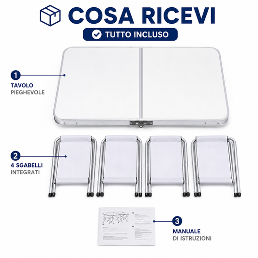 Tavolo Pieghevole da Campeggio con 4 Sgabelli Inclusi, Tavolo Picnic Portatile Richiudibile con Altezza Regolabile 55/62/70 cm, Tavolo da Giardino Campeggio Pesca BBQ Escursioni 120x60 cm