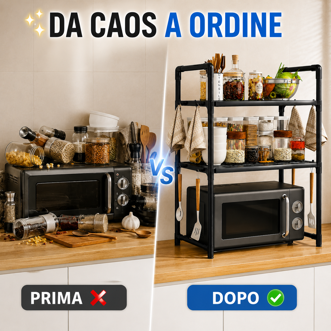 Scaffale Porta Microonde da Cucina 3 Ripiani con Ganci Laterali, Organizer Salvaspazio in Metallo, Mensola per Microonde e Dispensa, Porta Spezie e Accessori Cucina, 50,5 x 27 x 73 cm Nero