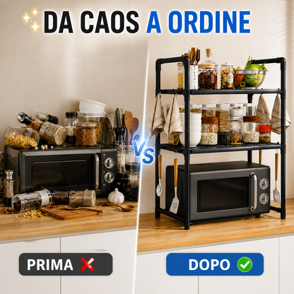 Scaffale Porta Microonde da Cucina 3 Ripiani con Ganci Laterali, Organizer Salvaspazio in Metallo, Mensola per Microonde e Dispensa, Porta Spezie e Accessori Cucina, 50,5 x 27 x 73 cm Nero