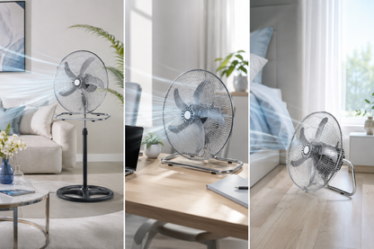 Ventilatore 3 in 1 da Terra e Tavolo Cromato, Ventilatore Oscillante con Piedistallo Regolabile, Ventola Silenziosa ad Alta Potenza, Design Moderno in Metallo per Casa Ufficio Camera
