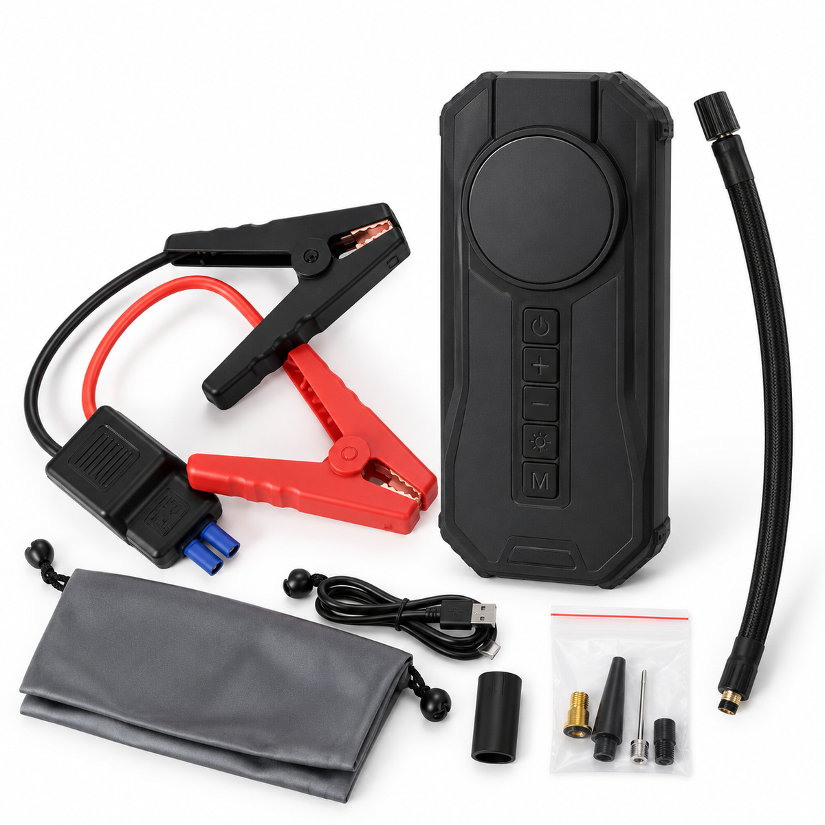 BDIT Accessori Compressore Portatile Multifunzione con Display Digitale, Gonfiatore Pneumatici Auto con Tubo e Adattatori, Cavi con Pinze, Cavo USB e Custodia, Kit Compatto per Auto e Viaggio