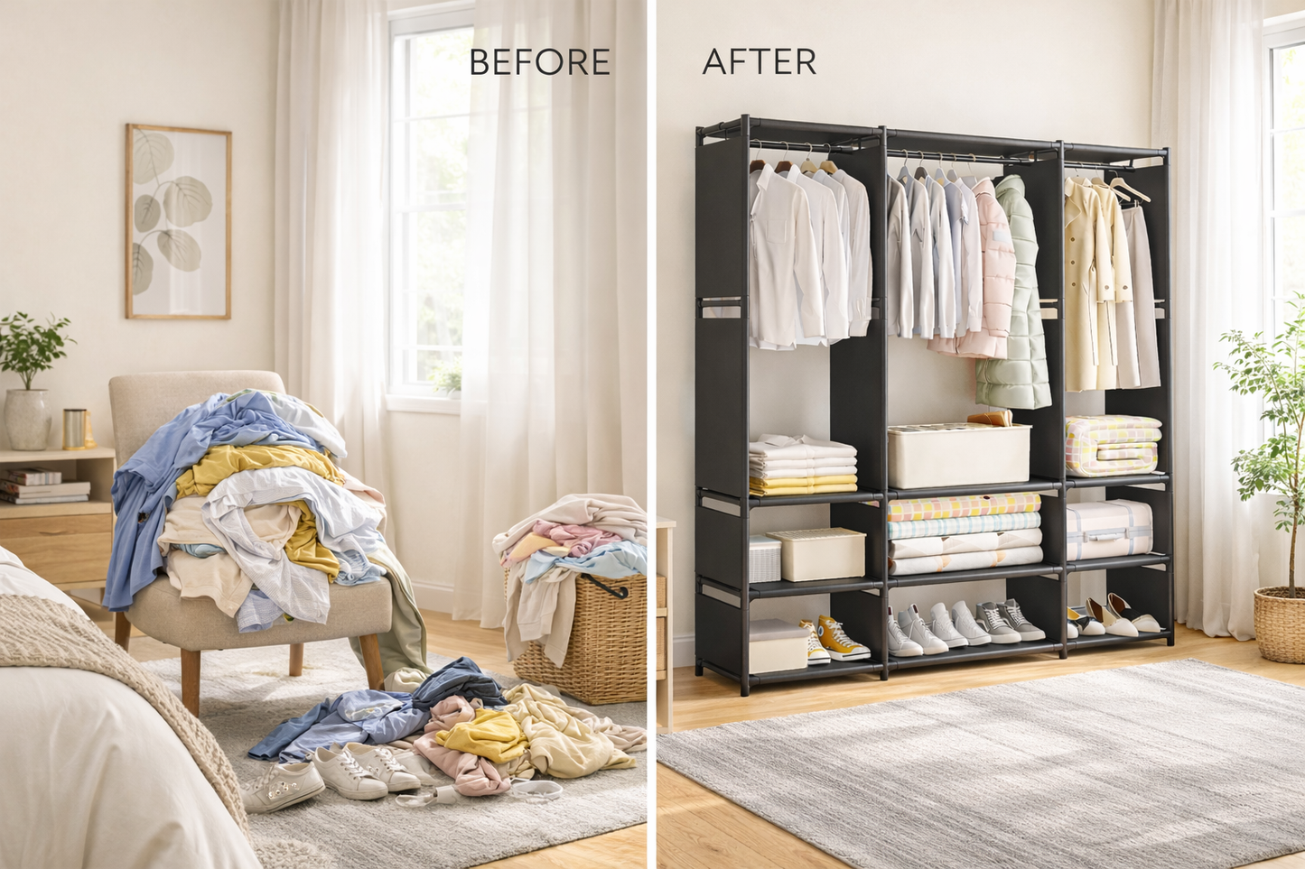 Armadio Aperto Portabiti in Metallo 130x36x170 cm – Guardaroba Salvaspazio con Ripiani e Porta Scarpe – Organizer Vestiti per Camera da Letto, Appartamento, Affitto Nero