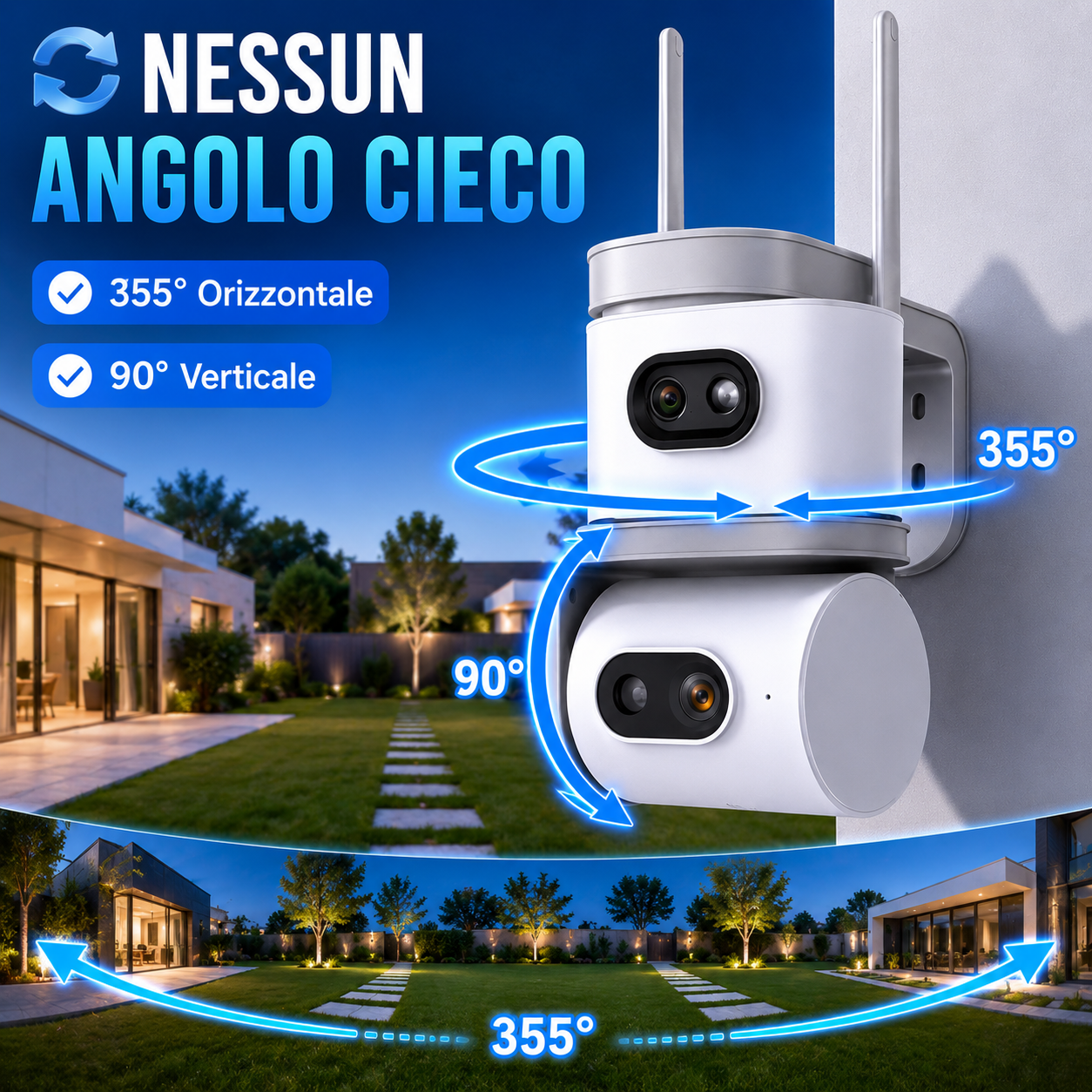 Telecamera WiFi Esterno Dual Lens, Telecamera di Sorveglianza 355° PTZ con Visione Notturna a Colori, Rilevamento Movimento, Audio Bidirezionale, WiFi 2.4 GHz, Controllo da App per Casa, Garage e Negozio
