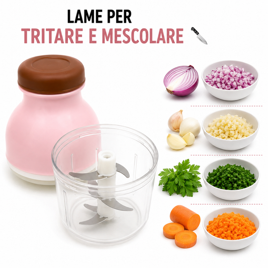 Tritatutto Elettrico Compatto da Cucina, Mini Tritatutto con Contenitore Trasparente e Lame, Chopper per Verdure, Cipolla, Aglio, Erbe Aromatiche e Frutta Secca, Rosa