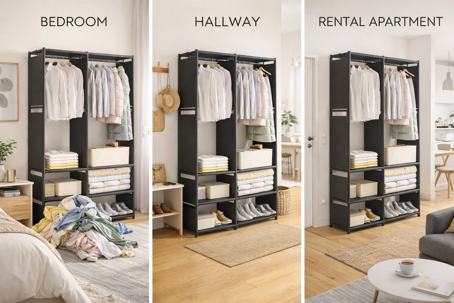 Armadio Aperto Portabiti in Metallo 130x36x170 cm – Guardaroba Salvaspazio con Ripiani e Porta Scarpe – Organizer Vestiti per Camera da Letto, Appartamento, Affitto Nero