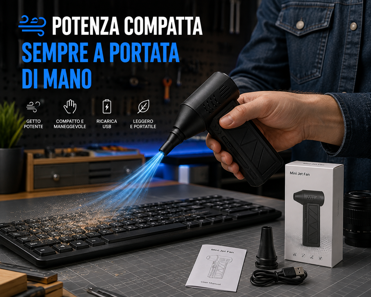 Mini Jet Fan Portatile Ricaricabile – Soffiatore d’Aria Compatto con Bocchetta Direzionata, Ricarica USB, per Tastiera, Auto, Elettronica, Banco da Lavoro e Pulizia di Piccoli Spazi