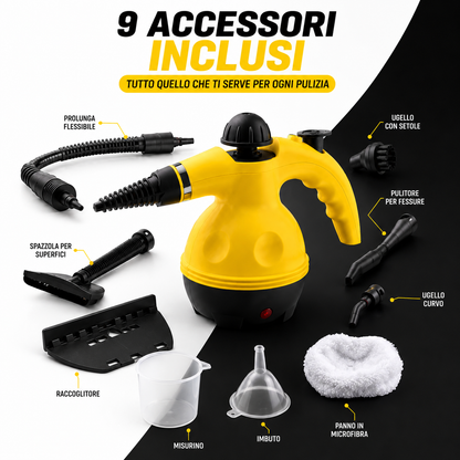 Pulitore a Vapore Portatile con 9 Accessori Inclusi, Pulitore a Vapore ad Alta Pressione per Casa, Cucina, Bagno, Vetri, Fughe, Divani e Tessuti, Pulizia Profonda Senza Detergenti