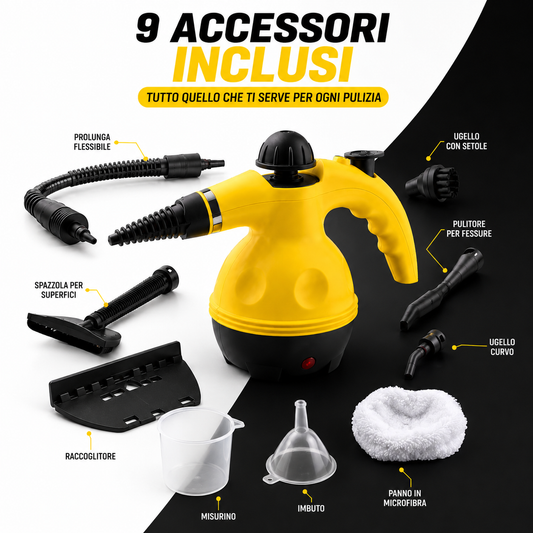Pulitore a Vapore Portatile con 9 Accessori Inclusi, Pulitore a Vapore ad Alta Pressione per Casa, Cucina, Bagno, Vetri, Fughe, Divani e Tessuti, Pulizia Profonda Senza Detergenti