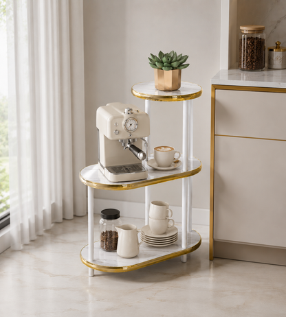 Tavolino da Salotto Moderno 3 Ripiani Effetto Marmo Bianco con Bordi Oro, Tavolino Laterale Salvaspazio, Mobiletto Multiuso per Camera da Letto, Soggiorno e Angolo Caffè, 68x60x30 cm