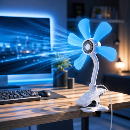 Ventilatore a Clip con 6 Pale – Ventola Silenziosa con Collo Flessibile e Clip Antiscivolo – Mini Ventilatore da Scrivania per Casa, Ufficio e Camera da Letto