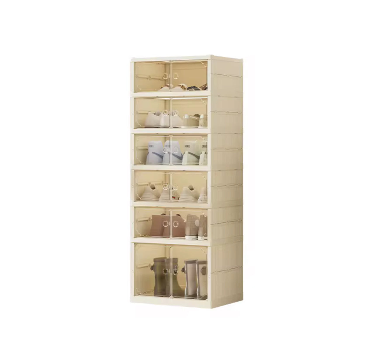 Scarpiera modulare richiudibile in stile moderno, progettata per ottimizzare lo spazio e tenere in ordine mocassini, stivali e sneaker.