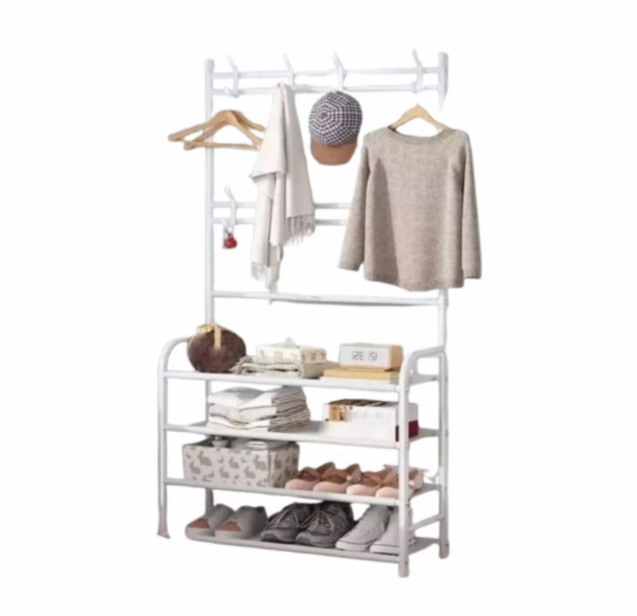 Appendiabiti con Scarpiera 60×26×170 cm – Guardaroba Salvaspazio con 4 Ripiani e 9 Ganci, Struttura in Metallo, Stand Porta Giacche e Scarpe per Ingresso, Corridoio, Camera da Letto - BDIT ACCESSORI