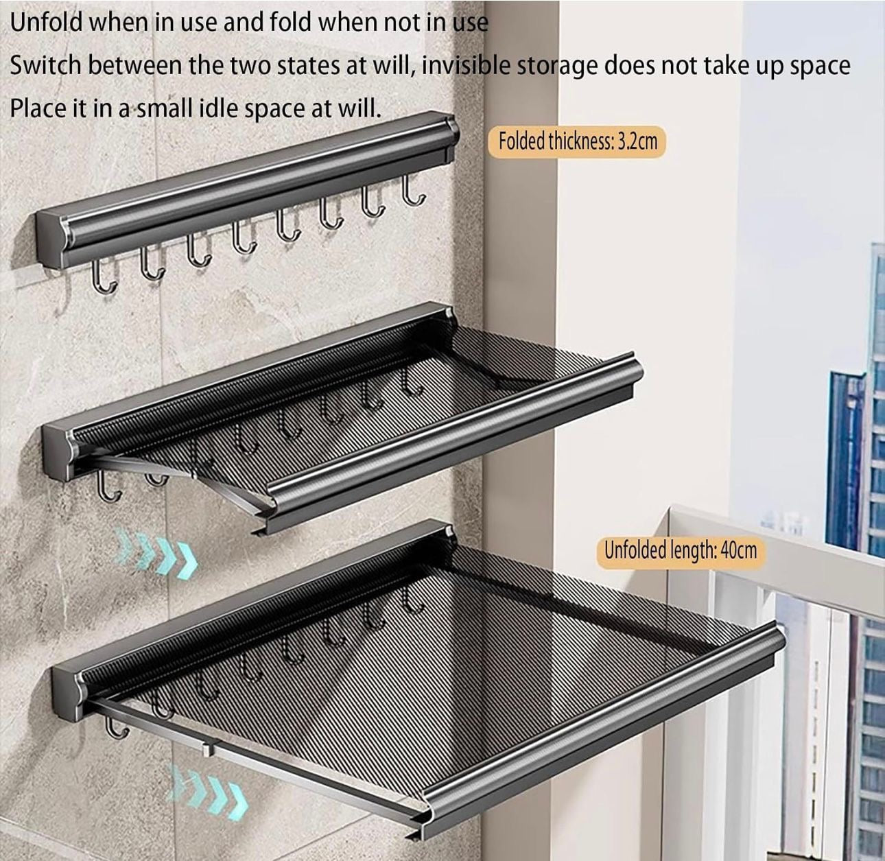 Mensola da Parete Pieghevole con Ganci – Salvaspazio per Cucina, Bagno e Balcone