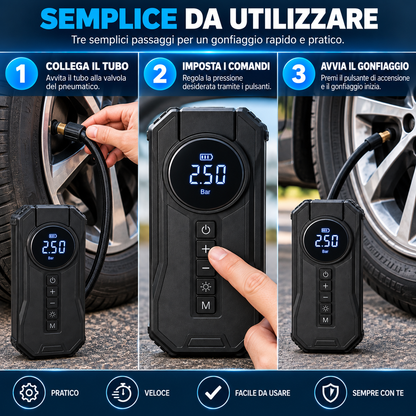BDIT Accessori Compressore Portatile Multifunzione con Display Digitale, Gonfiatore Pneumatici Auto con Tubo e Adattatori, Cavi con Pinze, Cavo USB e Custodia, Kit Compatto per Auto e Viaggio
