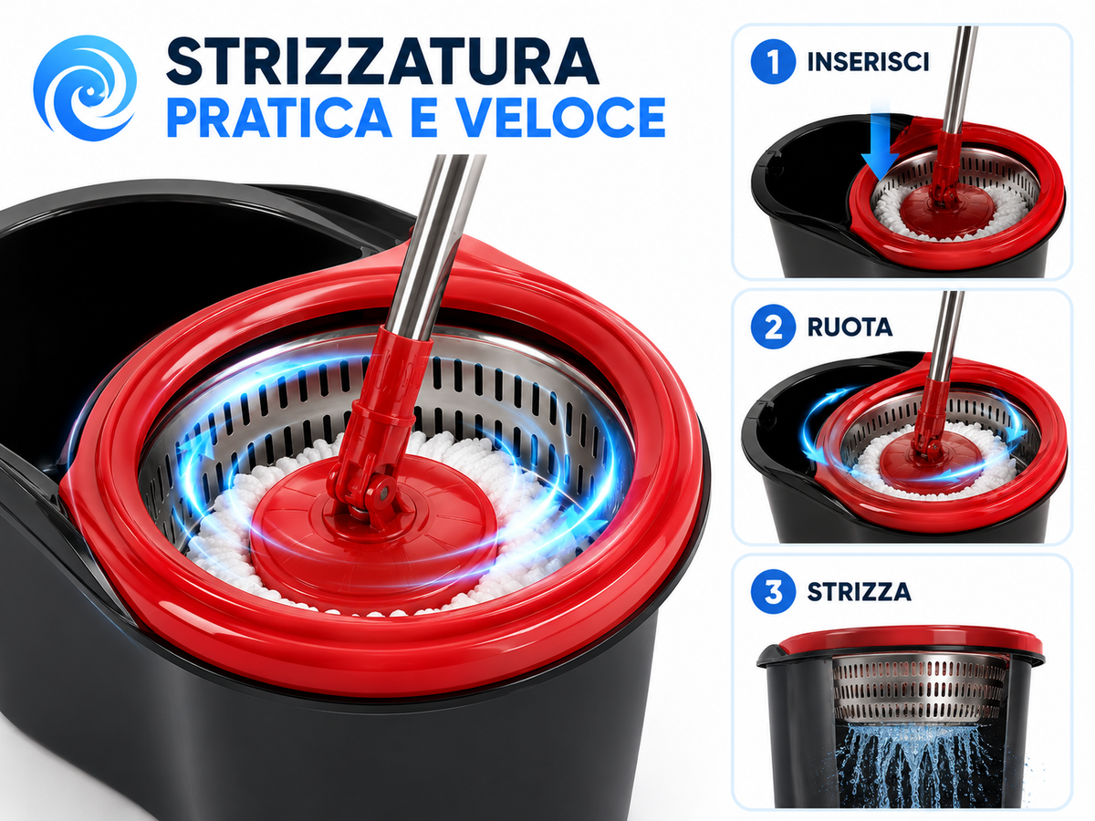 Mocio Rotante con Secchio 13 Litri, Sistema di Strizzatura con Cestello Rotante, Manico Telescopico 90-115 cm, Testa Snodabile 180°, Panno in Microfibra per Pavimenti, Casa e Pulizia