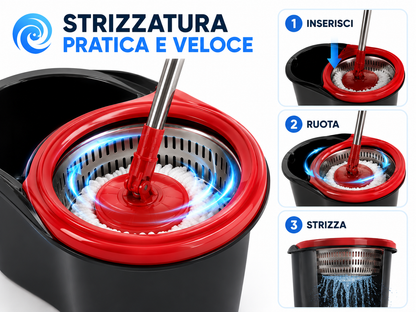 Mocio Rotante con Secchio 13 Litri, Sistema di Strizzatura con Cestello Rotante, Manico Telescopico 90-115 cm, Testa Snodabile 180°, Panno in Microfibra per Pavimenti, Casa e Pulizia