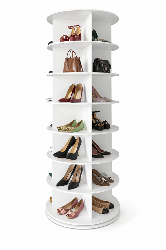 BDIT Accessori Scarpiera Girevole 360°, Scarpiera Rotante a 7 Livelli con 28 Scomparti, 147,4 × 59 cm, Mobile Porta Scarpe Salvaspazio, Organizzatore per Scarpe, Borse e Accessori, Bianca, per Ingresso, Camera e Cabina Armadio