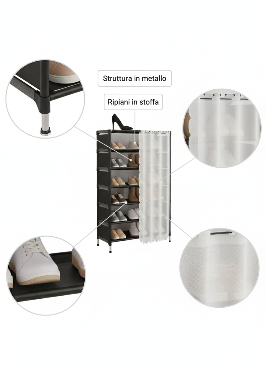 Scarpiera 7 Ripiani con Tenda – Colore Bianco – Struttura in Metallo e Ripiani in Stoffa – Organizer Salvaspazio 58x26x110 cm per Ingresso, Camera e Ripostiglio