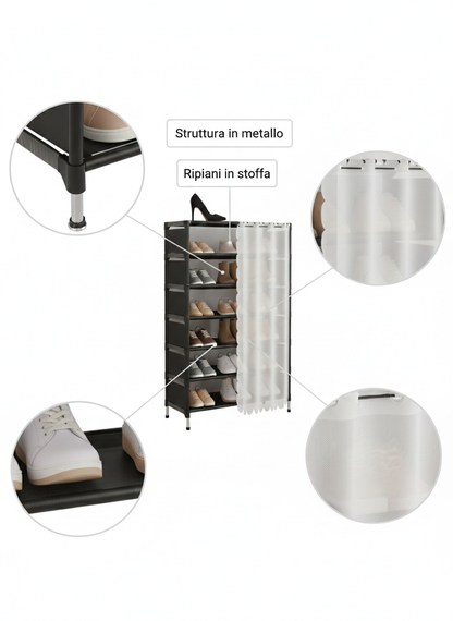 Scarpiera 7 Ripiani con Tenda – Colore Bianco – Struttura in Metallo e Ripiani in Stoffa – Organizer Salvaspazio 58x26x110 cm per Ingresso, Camera e Ripostiglio