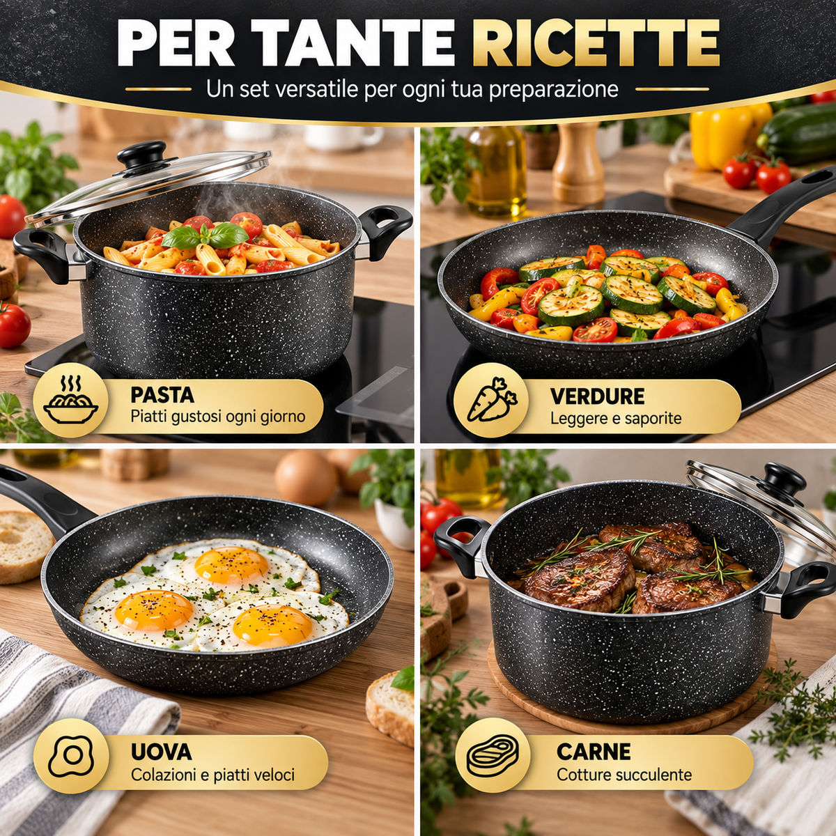 BDIT Accessori Set Pentole e Padelle 9 Pezzi Effetto Granito, Batteria da Cucina con Coperchi in Vetro, Padelle 22/25/30 cm, Casseruole 20/24 cm e Pentolino 14 cm, Nero Grigio