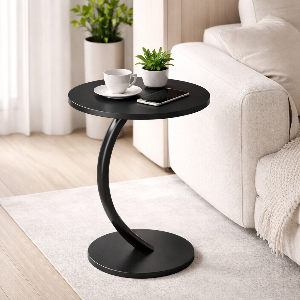 Tavolino Laterale Moderno Curvo, Tavolino Rotondo da Divano Salotto, Tavolo Compatto per Laptop, Caffè e Decorazioni, Design Minimal Salvaspazio, Nero 38x40x62 cm