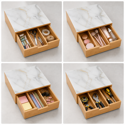 Cassetto Portacapsule in Bamboo con Piano in Vetro Effetto Marmo – Organizer Capsule Caffè 3 Scomparti, Porta Capsule e Cialde, Salvaspazio per Cucina e Coffee Station