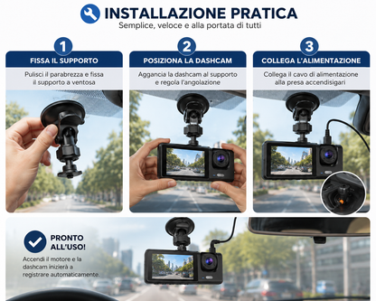 Dashcam Auto 1080P con Telecamera Posteriore, Videocamera per Auto con Display Integrato, Supporto a Ventosa, Registrazione Anteriore e Posteriore, Alimentazione da Auto