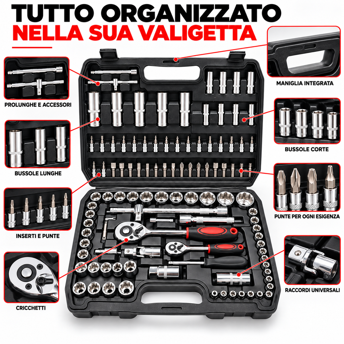 BDIT Accessori Set Chiavi a Bussola con Cricchetti, Valigetta Portautensili Completa con Bussole, Inserti, Prolunghe e Accessori, Kit Utensili per Manutenzione, Auto e Fai da Te