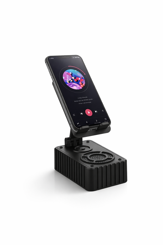 Supporto Smartphone con Altoparlante Wireless Integrato, Stand Cellulare Regolabile Angolazione, Base Antiscivolo, Porta Telefono da Tavolo per Video, Musica e Videochiamate, Compatibile iPhone Android
