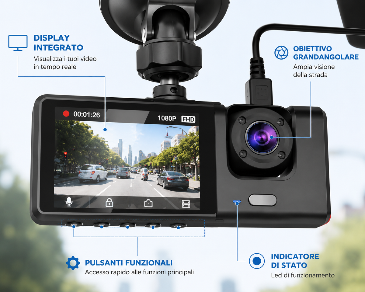Dashcam Auto 1080P con Telecamera Posteriore, Videocamera per Auto con Display Integrato, Supporto a Ventosa, Registrazione Anteriore e Posteriore, Alimentazione da Auto