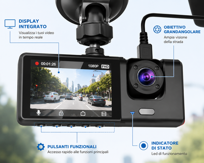 Dashcam Auto 1080P con Telecamera Posteriore, Videocamera per Auto con Display Integrato, Supporto a Ventosa, Registrazione Anteriore e Posteriore, Alimentazione da Auto