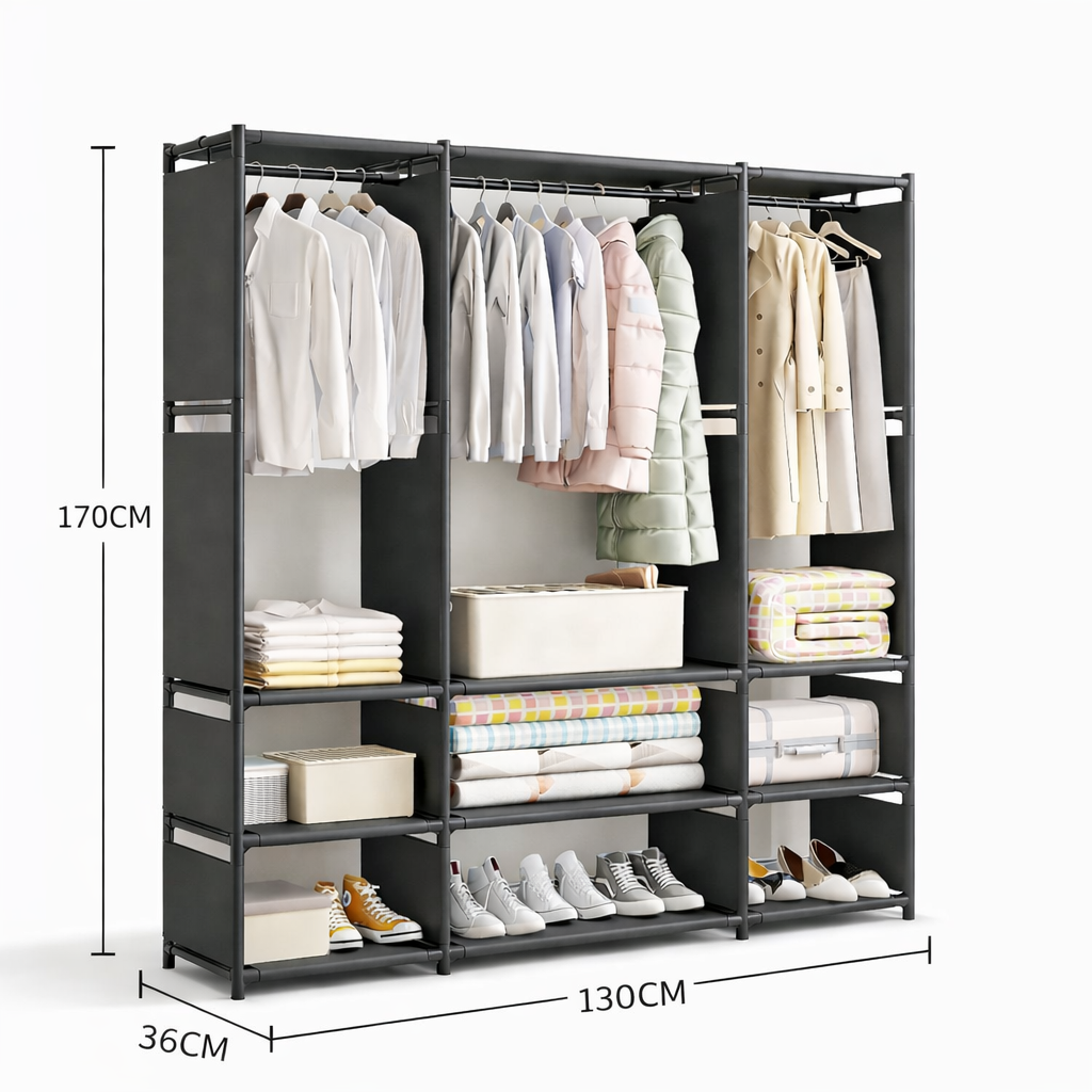 Armadio Aperto Portabiti in Metallo 130x36x170 cm – Guardaroba Salvaspazio con Ripiani e Porta Scarpe – Organizer Vestiti per Camera da Letto, Appartamento, Affitto Nero