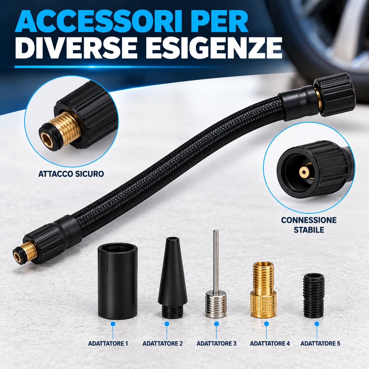 BDIT Accessori Compressore Portatile Multifunzione con Display Digitale, Gonfiatore Pneumatici Auto con Tubo e Adattatori, Cavi con Pinze, Cavo USB e Custodia, Kit Compatto per Auto e Viaggio