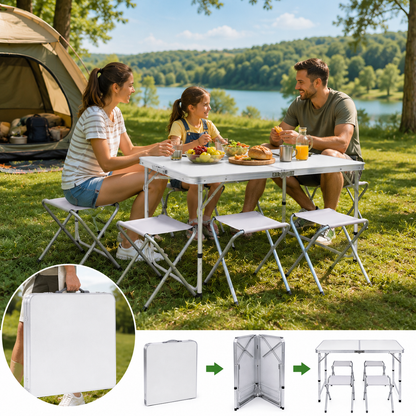 Tavolo Pieghevole da Campeggio con 4 Sgabelli Inclusi, Tavolo Picnic Portatile Richiudibile con Altezza Regolabile 55/62/70 cm, Tavolo da Giardino Campeggio Pesca BBQ Escursioni 120x60 cm