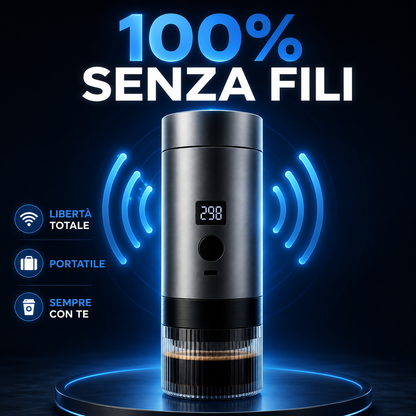 Caffettiera Elettrica Portatile Wireless con Display Digitale, Compatibile con Capsule e Caffè Macinato, Macchina da Caffè Espresso Ricaricabile USB-C, One Click, Ideale per Viaggi, Auto, Ufficio e Campeggio