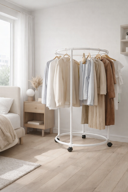 Appendiabiti Circolare con Ruote Bianco 130 cm – Stand Porta Abiti Rotondo in Metallo, Attaccapanni Mobile per Camera da Letto, Guardaroba Aperto Salvaspazio per Casa, Negozio, Boutique