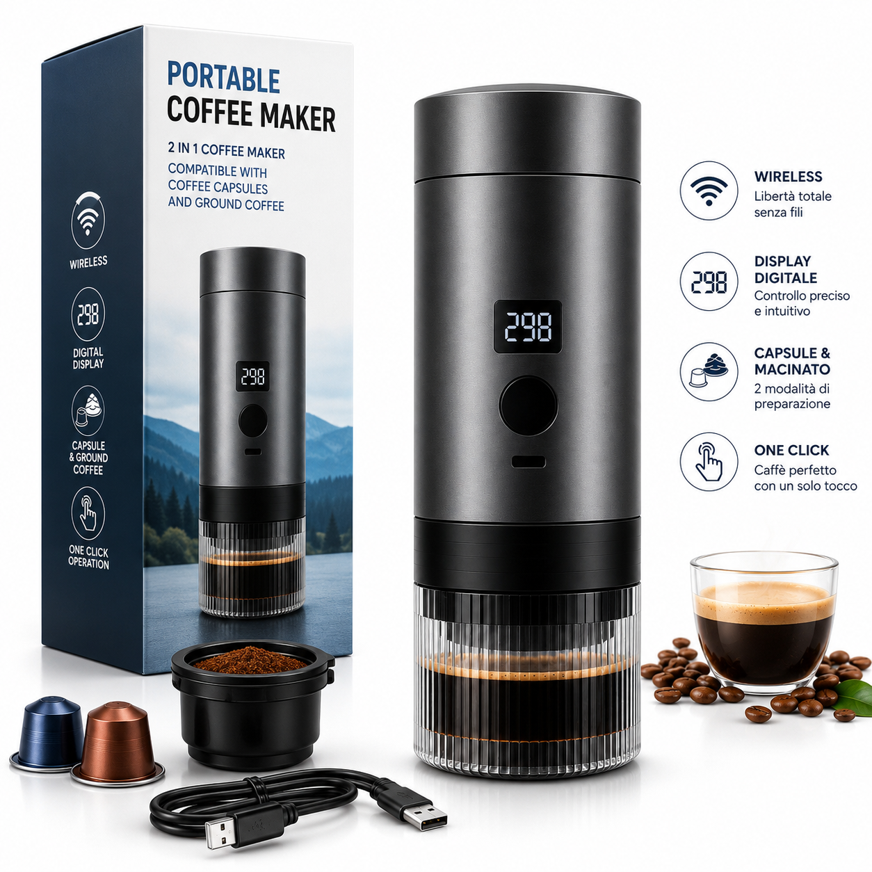 Caffettiera Elettrica Portatile Wireless con Display Digitale, Compatibile con Capsule e Caffè Macinato, Macchina da Caffè Espresso Ricaricabile USB-C, One Click, Ideale per Viaggi, Auto, Ufficio e Campeggio