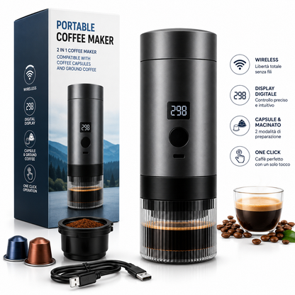 Caffettiera Elettrica Portatile Wireless con Display Digitale, Compatibile con Capsule e Caffè Macinato, Macchina da Caffè Espresso Ricaricabile USB-C, One Click, Ideale per Viaggi, Auto, Ufficio e Campeggio