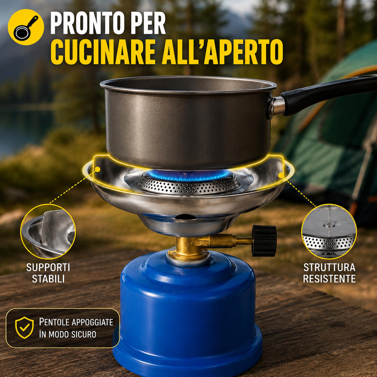 SAFETYCAMPING TR-219 Fornello da Campeggio Portatile, Fornello a Gas Compatto con Bruciatore e Regolazione della Fiamma, per Camping, Picnic, Pesca ed Escursioni Outdoor
