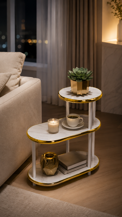 Tavolino da Salotto Moderno 3 Ripiani Effetto Marmo Bianco con Bordi Oro, Tavolino Laterale Salvaspazio, Mobiletto Multiuso per Camera da Letto, Soggiorno e Angolo Caffè, 68x60x30 cm