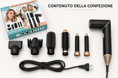 Asciugacapelli 6 in 1 con Accessori Intercambiabili, Styler per Capelli con Spazzola Volumizzante, Spazzola Lisciante, Diffusore, Concentratore e Accessori Arricciacapelli, Nero e Oro