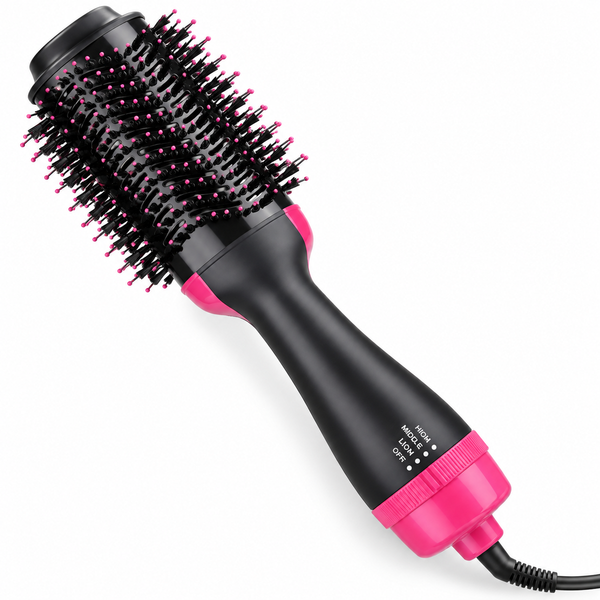 BDIT Accessori Spazzola ad Aria Calda per Capelli, Spazzola Asciugacapelli e Styler One Step, Testa Ovale con Setole, Impugnatura Ergonomica e Livelli Regolabili, Nero e Rosa
